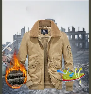 Detail view of the warm fleece lining and multi-pocket design on khaki work jacket
