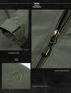 Detail of outdoor jacket showing windproof velcro cuffs, metal zipper and shield embroidery