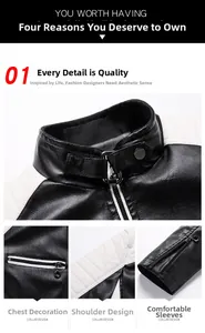 Détails de la veste moto montrant les coutures contrastées et la boucle du col