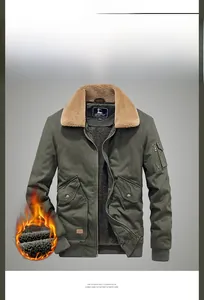 Detail of warm army green cargo jacket featuring a thick camel fleece collar and rib cuffs