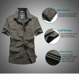 Dettaglio camicia a maniche corte verde militare con fodera a quadri e orlo resistente