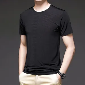 Men's ice silk crew neck short sleeve T-shirt in black with high elastic breathable fabric