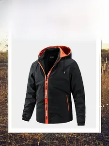 Detail of men's hooded jacket featuring orange contrast lining and lettered stripe tapes