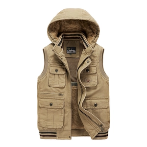 Men Hooded Vest Plus Fleece Warm Workwear Waistcoat Outdoor Cotton Multi-Pocket Loose Windproof Winter Casual Outerwear