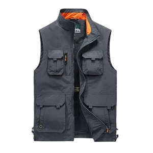 Men's dark grey tactical fishing vest with stand collar and breathable mesh lining
