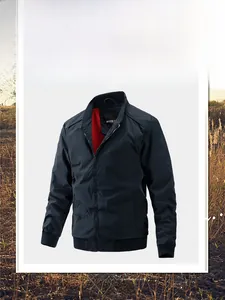 Detail view of navy blue jacket featuring high-contrast red lining and ribbed stand collar