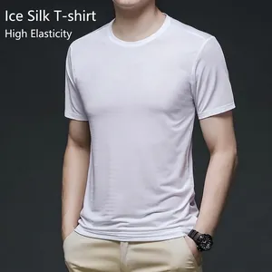 Men's ice silk short sleeve T-shirt in white with high elasticity and crew neck