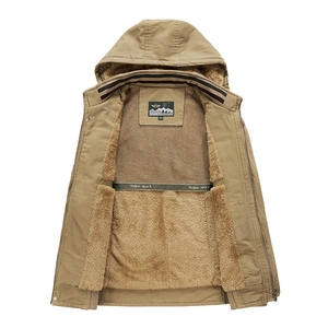 Men's khaki loose fleece hooded vest with multi-pockets and warm faux lamb wool lining