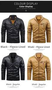Detail view of men's PU biker jackets in black and khaki with fleece lining options