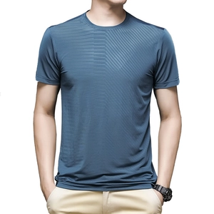 Men's ice silk quick-dry T-shirt in navy blue featuring vertical jacquard texture