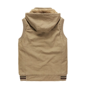 Men's outdoor hooded fleece vest in khaki canvas with warm sherpa lining rear view