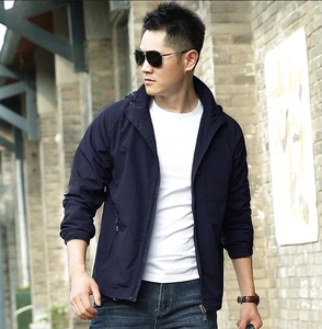 Men's lightweight hooded windbreaker in navy blue for outdoor hiking and casual wear
