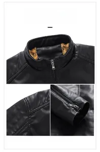 Detail of men's black PU leather jacket showing fleece lining and metal zipper