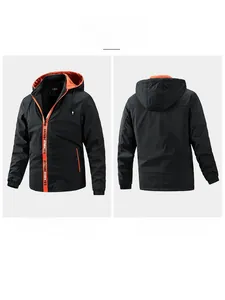 Front and back views of a black men's hooded jacket featuring orange zipper lining details