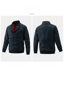 Front and back view of a navy blue bomber jacket with red lining and ribbed cuffs