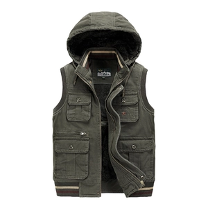 Army green hooded fleece vest for men featuring utility pockets and ribbed striped hem