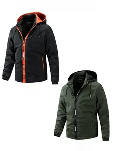 Detail of men's hooded jackets showing zipper webbing and rib-knit cuffs in black and green