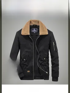 Detail view of black cargo pilot jacket with brown fleece collar and rib-knit cuffs