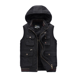 Fleece-lined men's hooded work vest with multi-pockets and striped details