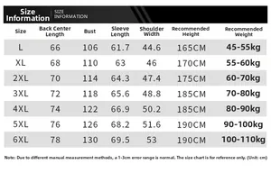 Detailed size guide table for men's PU leather jacket showing measurements from L to 6XL