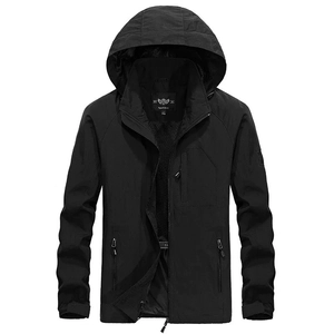Men's lightweight waterproof hooded windbreaker outdoor tactical hiking jacket in black