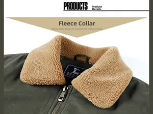 Detail of warm sherpa-lined collar on olive green winter workwear jacket for men