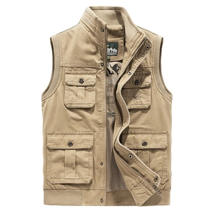 Gilet Cargo Extérieur Pour Hommes Multi-poches 100% Coton Col Montant Fermeture Éclair Décontracté Photographie Pêche Gilet