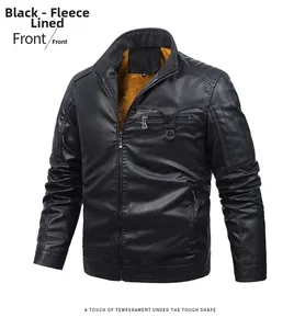 Front view of black faux leather jacket for men featuring warm ginger fleece lining