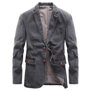 Slim fit men's charcoal grey denim blazer with classic lapel and two-button closure