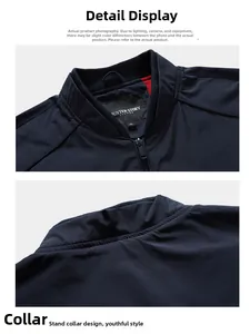 Detail of navy blue stand collar jacket with high-quality zipper and woven brand size label