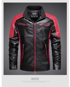 Détail de veste de moto noire avec coutures contrastées rouges et similicuir texturé