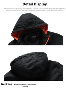 Detail of hooded jacket with black exterior, bright orange lining and fashion neck label