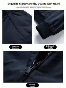 Detail view of shoulder stitching, ribbed cuffs and smooth zipper on navy business jacket
