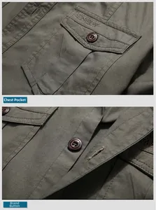 Dettaglio della camicia militare verde esercito con trama in cotone e taschini