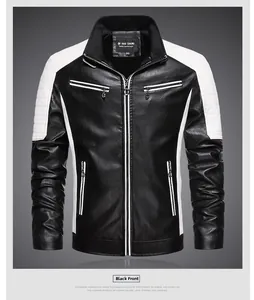 Détails de la veste de moto en similicuir noir et blanc avec poches zippées et col montant