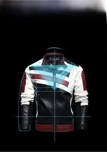 Detail view of tri-color PU leather motorcycle jacket with 3D ergonomic tailoring