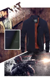 Detail view of navy bomber jacket featuring orange fleece lining and zip pockets