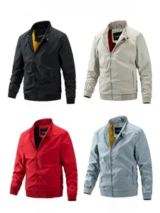Collage showing men's lightweight bomber jackets in black, cream, red, and light blue colors