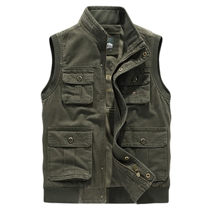 Gilet multipoches en coton vert olive pour homme avec col montant et fermeture éclair