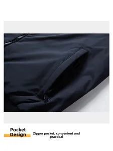 Detail of navy blue jacket showing high-quality zipper pocket and durable fabric texture