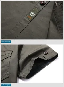 Dettaglio camicia in cotone verde militare con cuciture rifinite e fodera a quadri