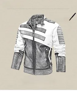 Close-up of a slim-fit motor biker leather jacket with contrast stripes and padded details