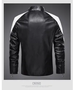 Vue détaillée du dos d'une veste de motard pour homme en similicuir noir et blanc