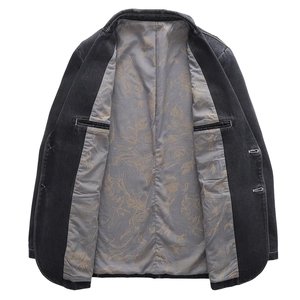 Men's denim casual blazer jacket in charcoal grey with oriental dragon print lining