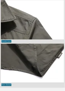 Dettaglio delle cuciture sulle spalle e dell'orlo della camicia casual verde militare