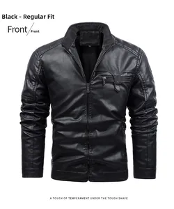 Flat lay of black men's PU leather jacket featuring stand collar and zip details