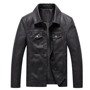 Men's slim-fit black faux leather biker jacket with lapel collar and snap pockets