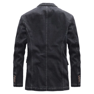 Men's slim-fit dark gray denim blazer jacket with distinctive white contrast stitching details