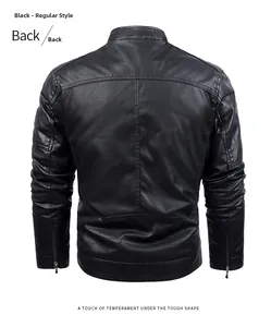 Rear view of black PU leather jacket featuring a stand collar and zippered cuffs detail