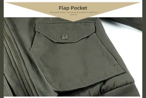 Detail of army green work jacket featuring flap pocket and premium metal zipper